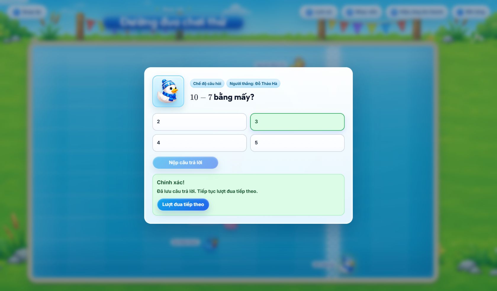 Phản hồi trả lời đúng trong game Đua Vịt