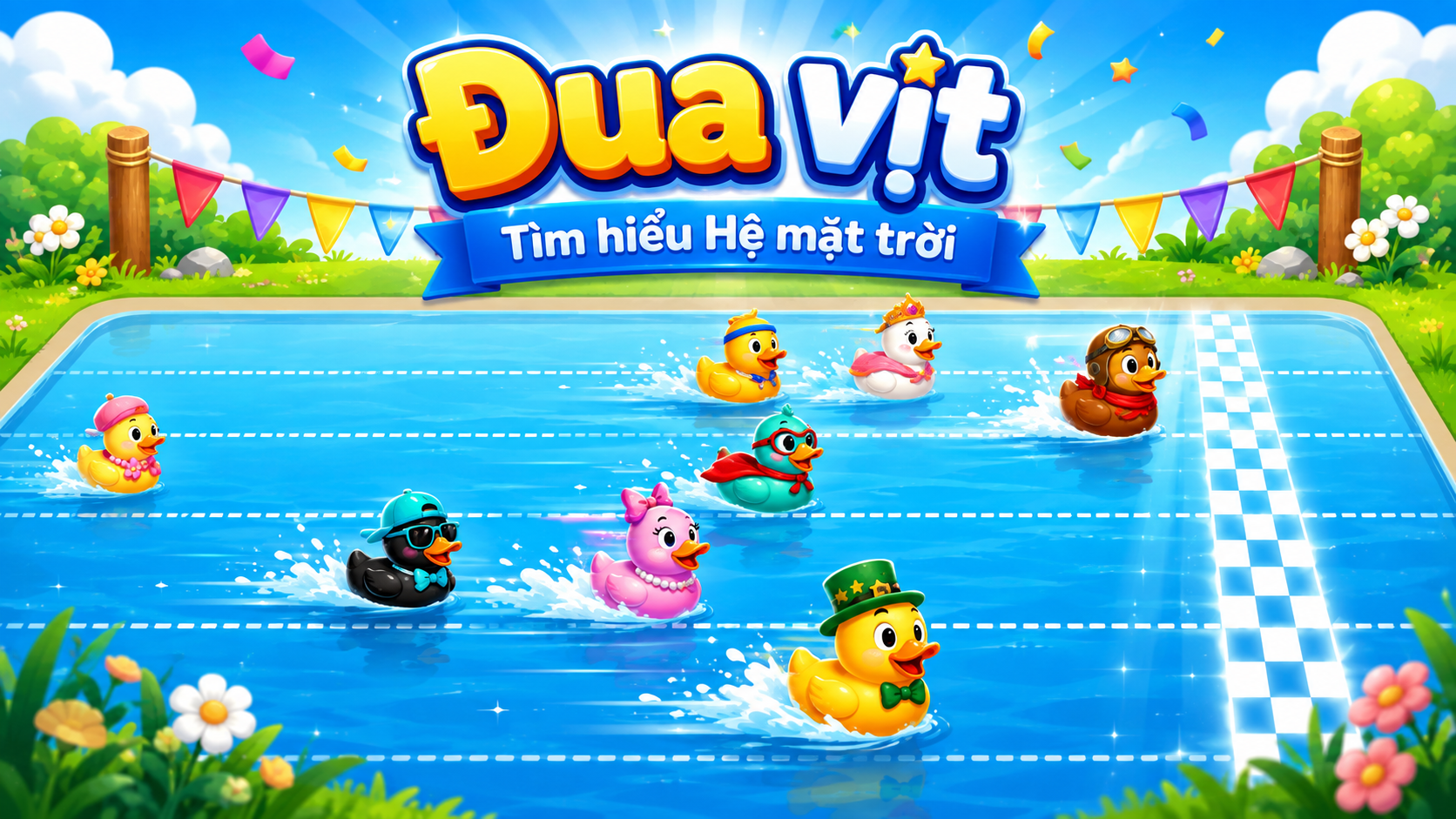 Các chú vịt nhiều màu sắc đang đua trên đường nước