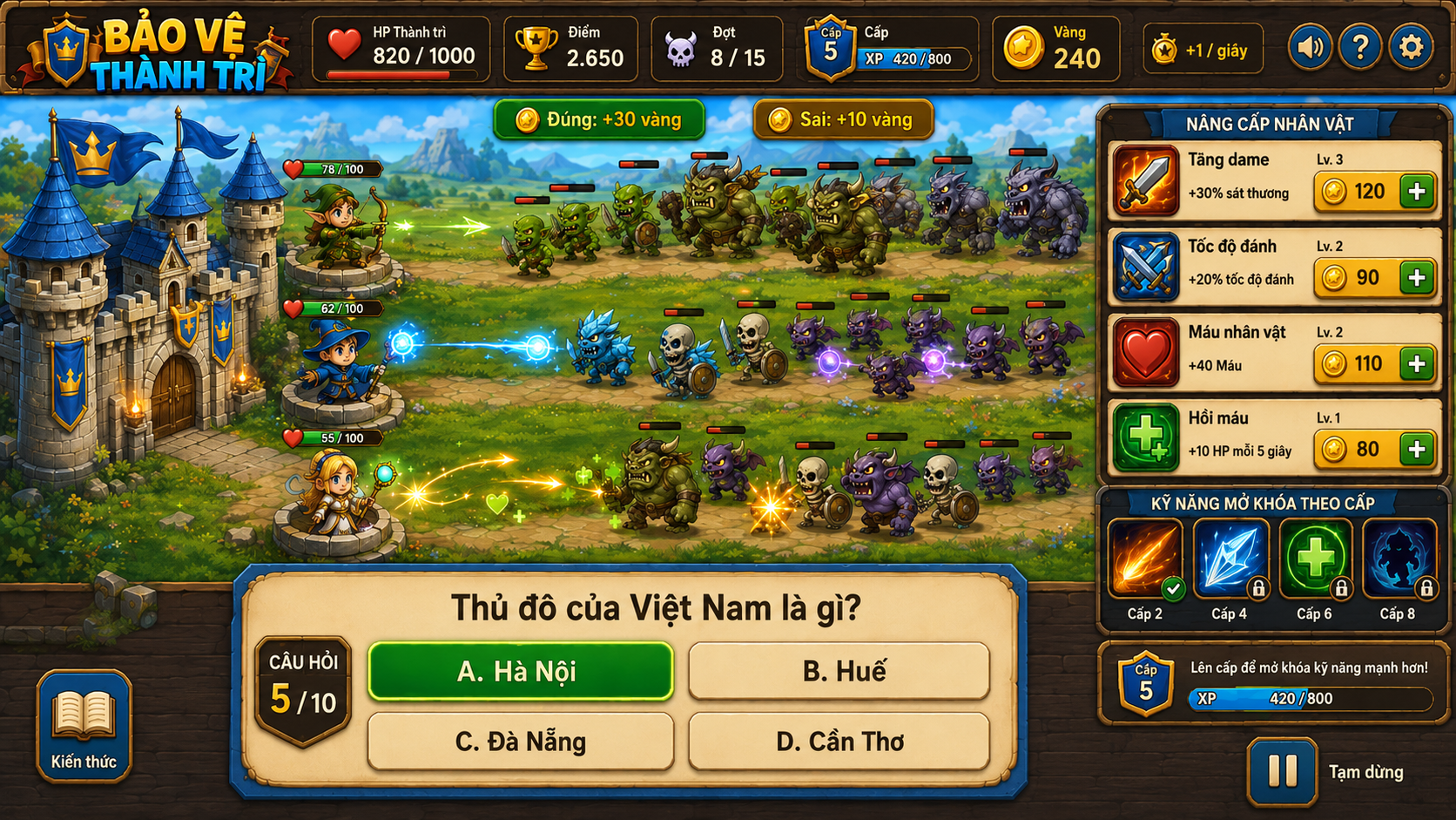 Lâu đài và các anh hùng trong game Thủ thành