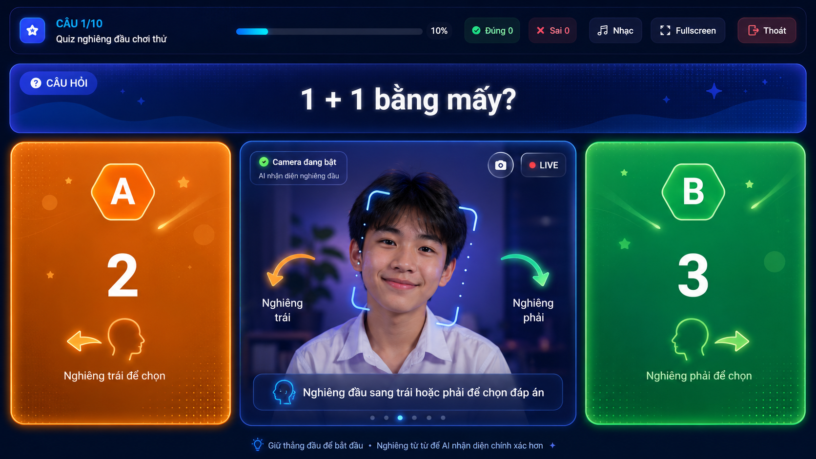 Màn hình lựa chọn trái phải của Quiz Nghiêng Đầu